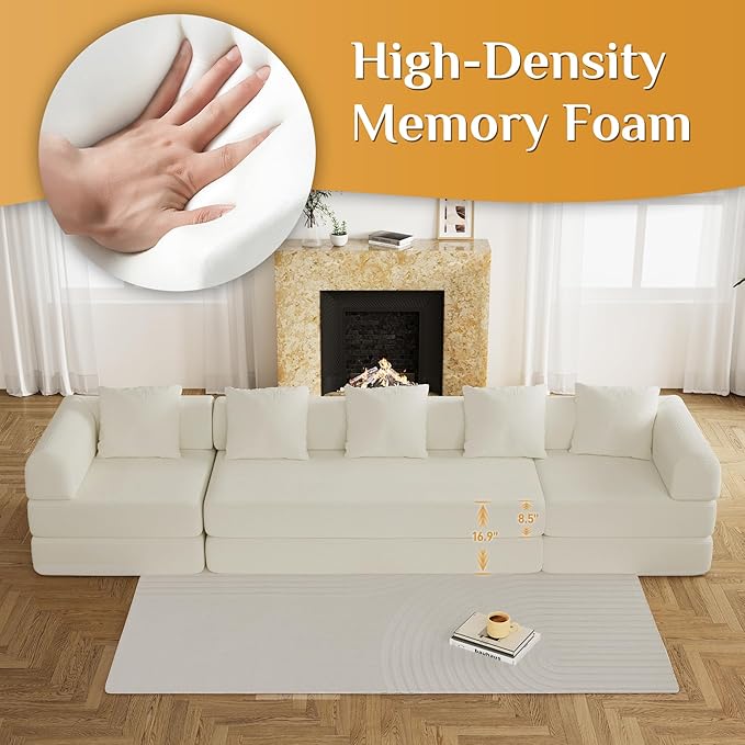 DAMAIFROM 157" Convertible Sleeper Sofa Bed Set with Pillow, 4-in-1 Corduroy Folding Mattress Boneless Couch with Fixed-Shape Frame, Fold Out Floor Sofa Cama Lounge Couch for Living Room, Beige White