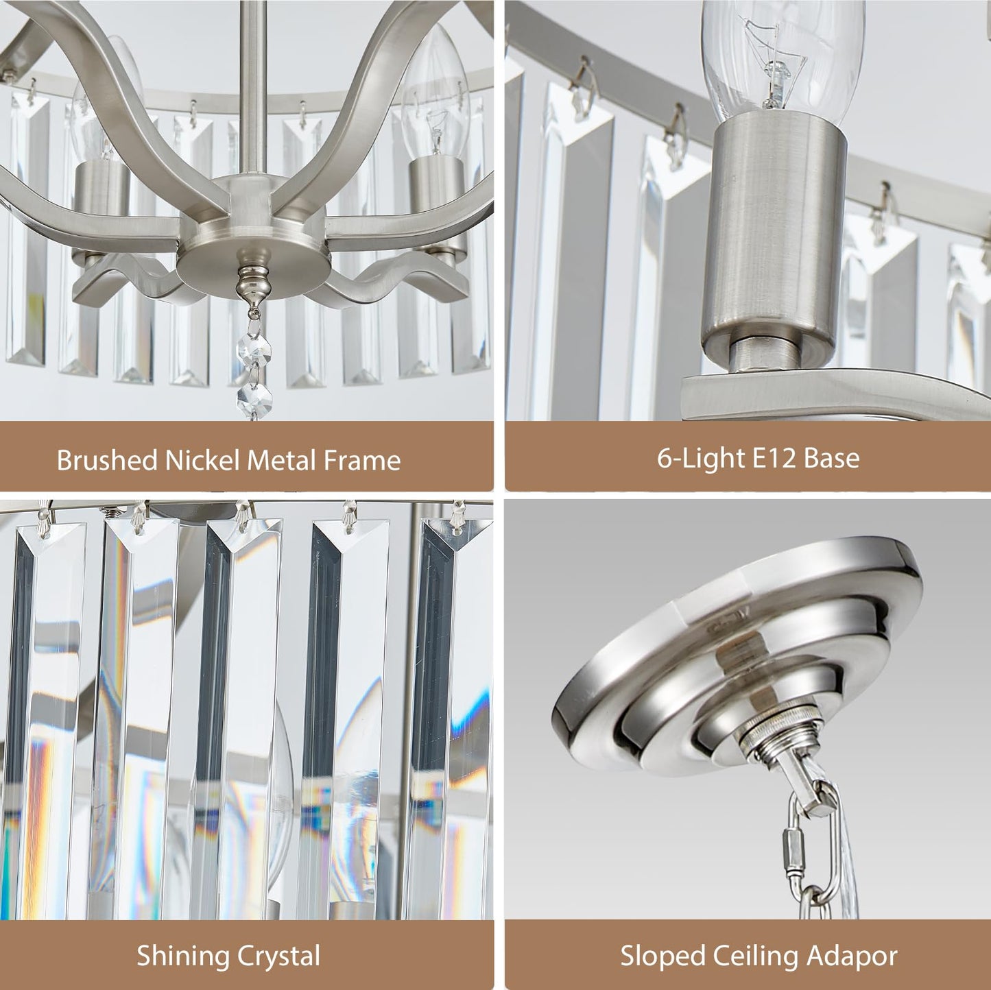 peskoe Modern Crystal Chandeliers Round 6-Light Large Brushed Nickel Pendant Lighting Fixture for Dining Room Living Room Kitchen Island Bedroom Hallway 21.7" Adjustable Height Hanging Lamp