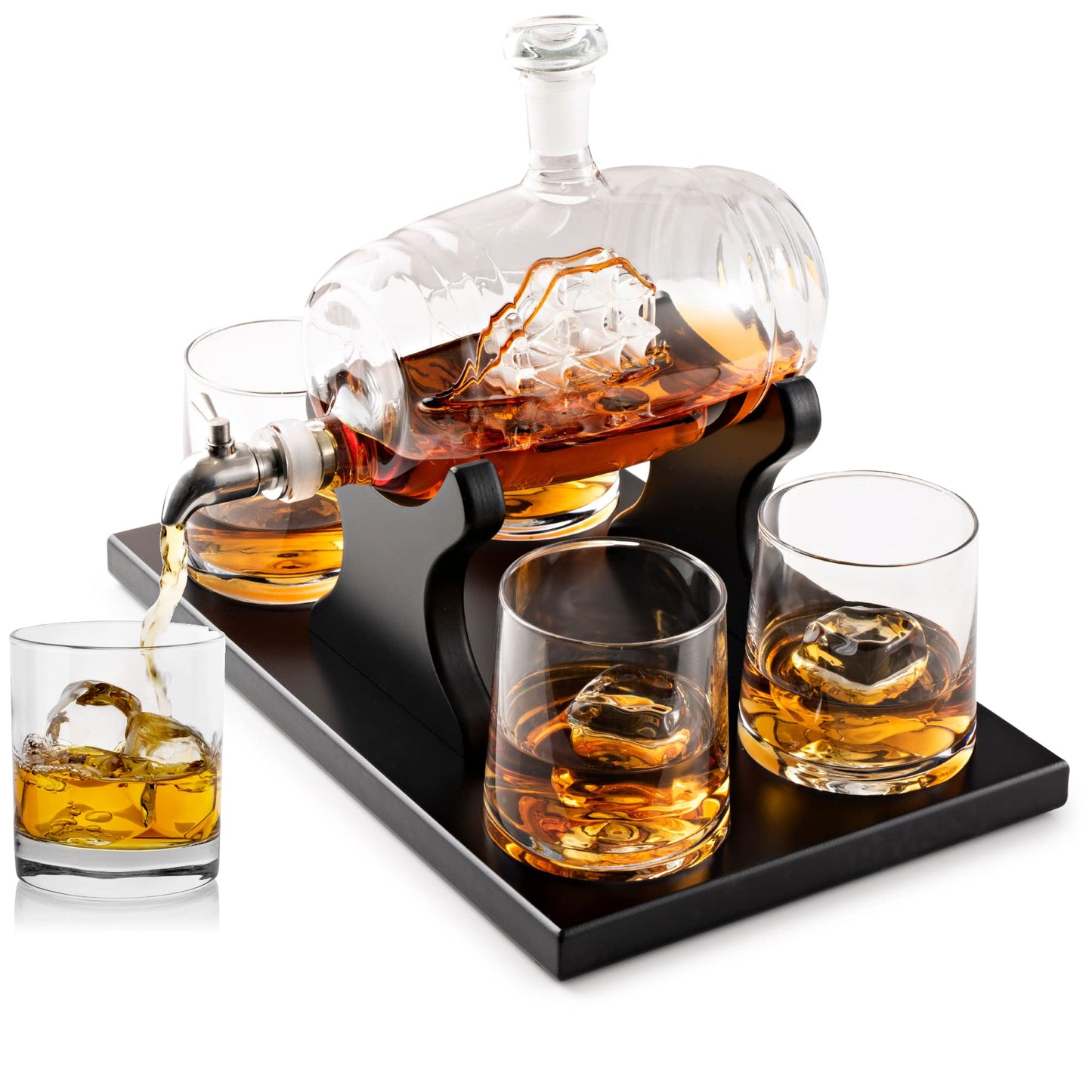 Bezrat Whiskey Decanter Barrel Set - 1000ml Liquor Dispenser - 4 Glasses - Ship in a Bottle Bar Gifts