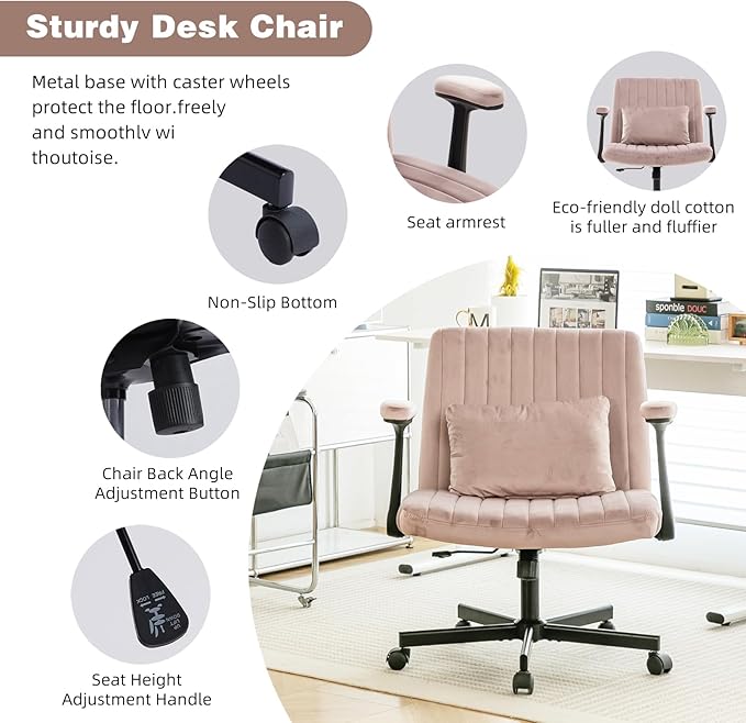 Furnimart Criss Cross Desk Char Wide Seat with Wheels and Arms, 360° Swivel Cross Legged Desk Chair Thick Cushion, Linen Comfy Armless Home Office Chair for Bedroom, Vanity, Sturdy (Light Pink)