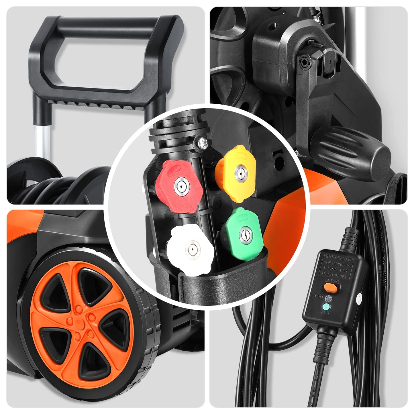 DNA Motoring TOOLS-00230 Up to 2176 PSI Pressure 2.4 GPM Max Flow Electric Pressure Washer for Yard and Car Cleaning with Spray Nozzle Foam Bottle + 4 Turbo Nozzles IPX5 Driveway Patio Deck(Orange)