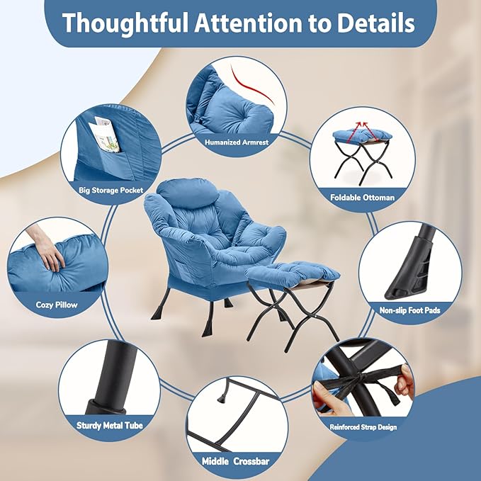 Youtanic Lazy Chair with Folding Ottoman, Accent Chair Velvet Upholstered with Metal Structure and Non-Slip Pads, Sofa Armchair with Footrest and Side Storage Bag for Dorm, Room, Office, Light Blue