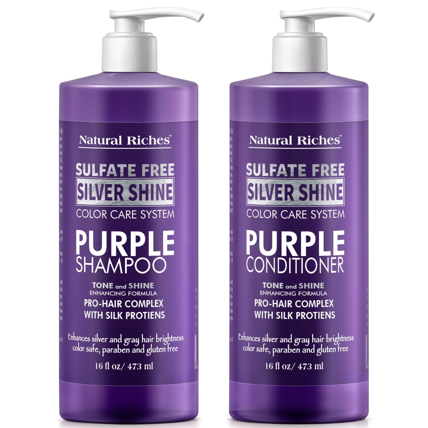 Natural Riches Radiant Silver Shine Purple Shampoo and Conditioner Set for Gray Hair - Paraben-Free and Color Safe - With Silk P