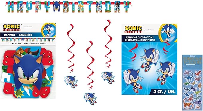Sonic Birthday Party Supplies Bundle includes 1 Happy Birthday Paper Banner 6.25ft, 3 Hanging Swirl Decorations, 1 Dinosau...