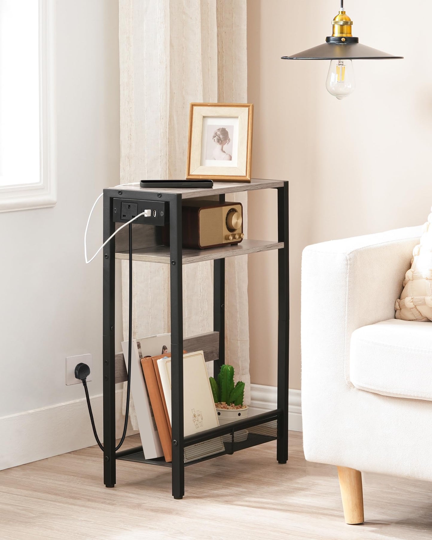 CHOEZON Side Table with Charging Station, Narrow End Table, Slim Nightstand for Small Space, Skinny Beside Table with Storage, for Living Room, Bedroom, Greige and Black DTBZ05KBH