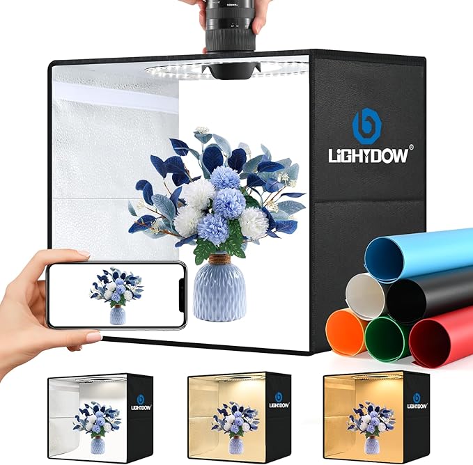 Lightdow 10"x10"x10" Photo Studio Light Box Photography with 96 LEDs (CRI>95), 6 Backdrops - Portable/Dimmable/Versatile F...
