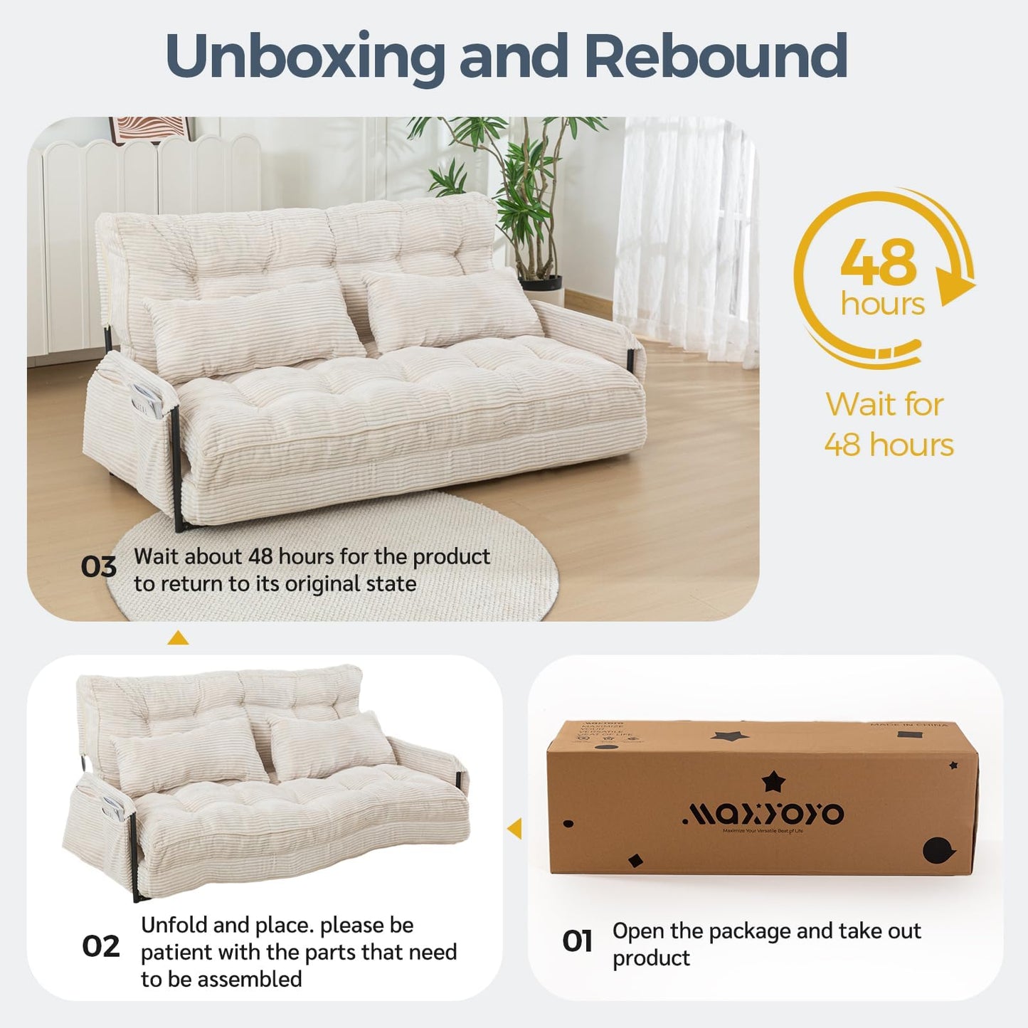 MAXYOYO Adjustable Floor Sofa Couch with 2 Pillows, Multi-Functional Bean Bag Bed, 5-Position Foldable Lazy Sofa Sleeper Bed with Armrest Versatile Floor Seating for Reading Gaming, Beige, Double