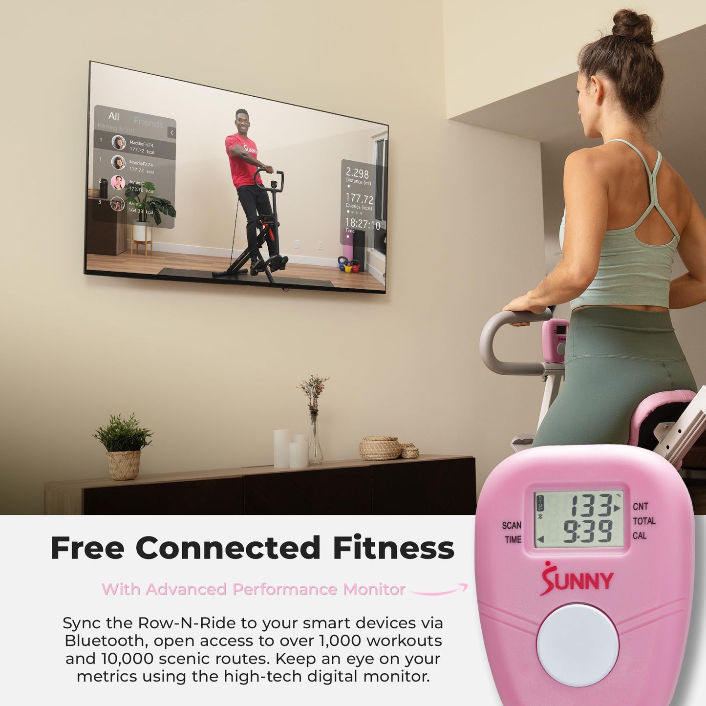 Sunny Health & Fitness Pink Row-N-Ride Plus, Squat Assist Trainer for Glutes and Full Body Workout, 330 LB Capacity, Adjustable Resistance, Padded Seat, and Free Access to SunnyFit App - P2100SMART