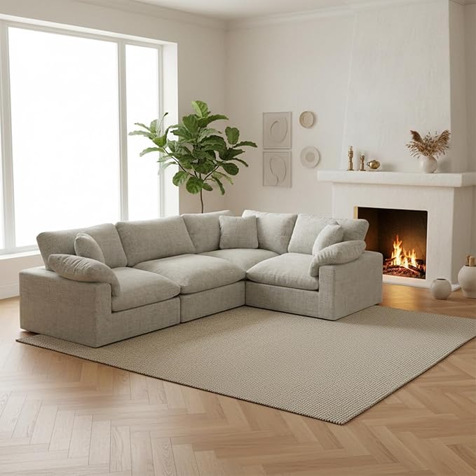 Forest aesthetics Modular Sectional Sofa, 4 Seater Cloud Couch,Down Filled Comfy Cloud Modern Sofa,Light Beige Linen Oversized Couch Cushion Covers Removable for Living Room
