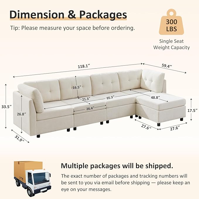 VANOMi 118" Modular Sectional Sofa with Ottoman, 4 Seater Cloud Sofas & Couches, Cozy Chenille Sectional Couches for Living Room, Apartment, Office, White, L Shaped