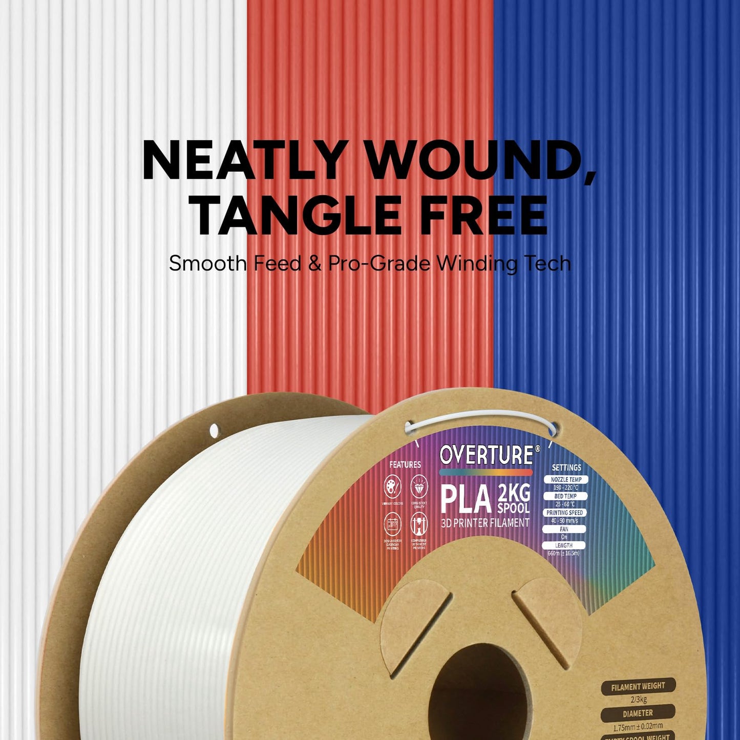Overture Pla Filament 1.75Mm, Neatly Wound 3D Printer Filament 2Kg Spool (4.4Lbs), Dimensional Accuracy +/- 0.02 Mm, Fit Most Fd