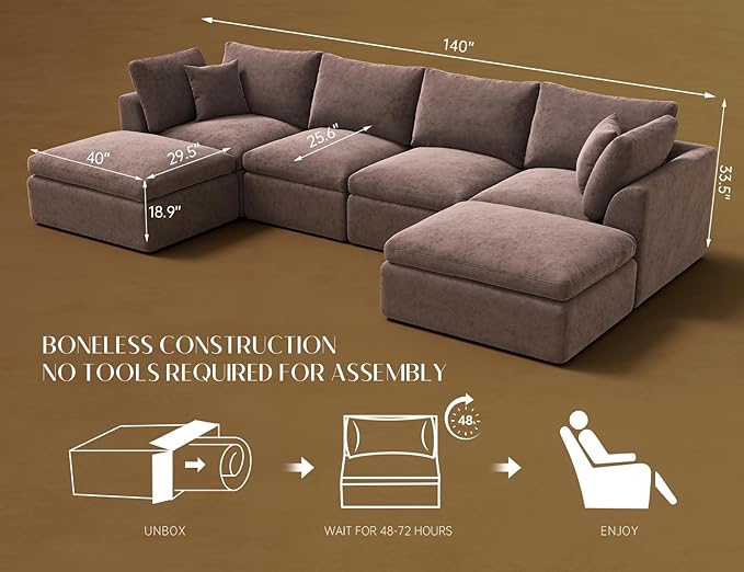 ohllob Oversized Cloud Sectional Couches for Living Room, Boneless U Shaped Couch with Ottoman, 4 Seater Modular Sectional Sofa, Brown