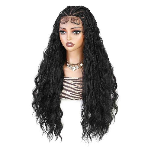 quickwig Braided Curly Wig for Black Women 13x6 Handmade Cornrow Braids Wig Boho Fulani Braid 26 Inch Glueless Black Long Curly Synthetic Wigs 2-in-1 Versatile Style Lace Front Wigs with Baby Hair 1B
