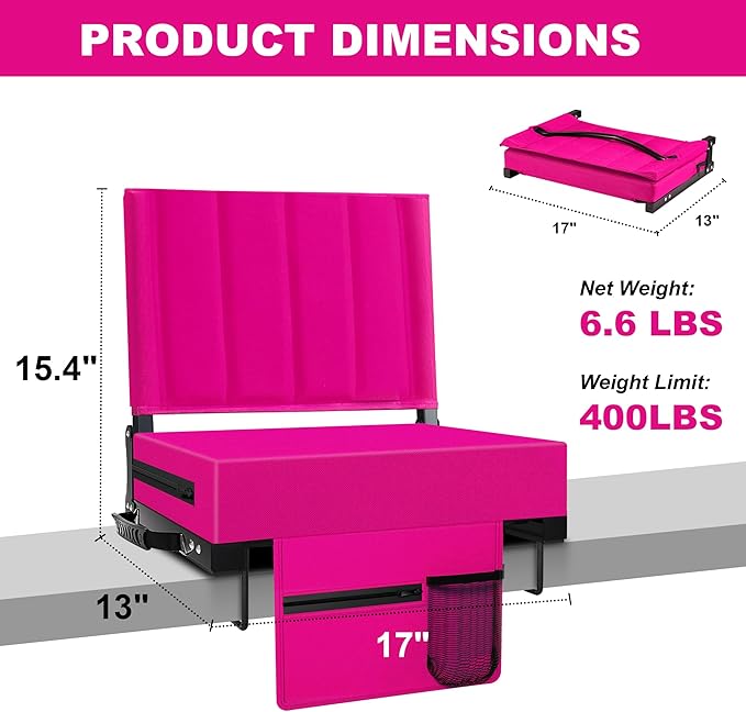 Aliphon Stadium Seat for Bleachers with Back Support and Cushion, Bleacher Seats with Shoulder Strap and Cup Holder, Padded Portable Folding Comfort Stadium Chair, for Sports Events, New Red (1pcs)
