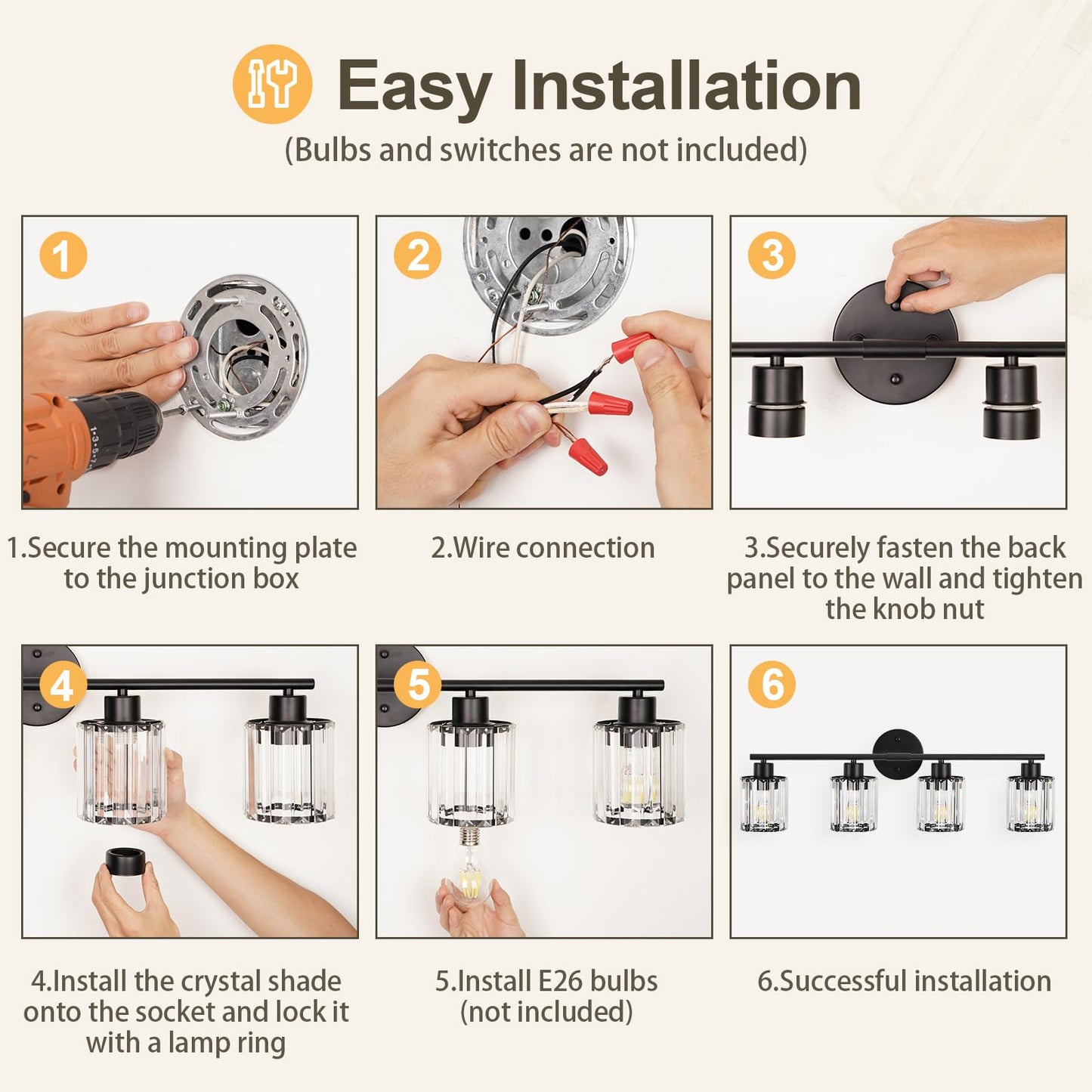 Kvhiiw Crystal Bathroom Light Fixtures, Bathroom Lighting Fixtures Over Mirror, Modern Black Gold 4-Light Vanity Lights for Mirror, Restroom, Bedroom (Ceramic E26 Socket,Bulbs Not Include)
