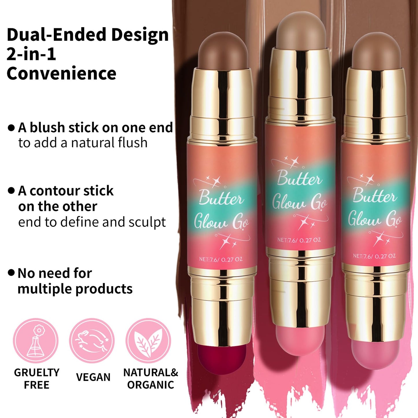 Dual-Ended Blush and Bronzer Stick - 2-in-1 Creamy Face Cheeks Contour Makeup, Smooth Hydrating Formula, Buildable Color for Nat
