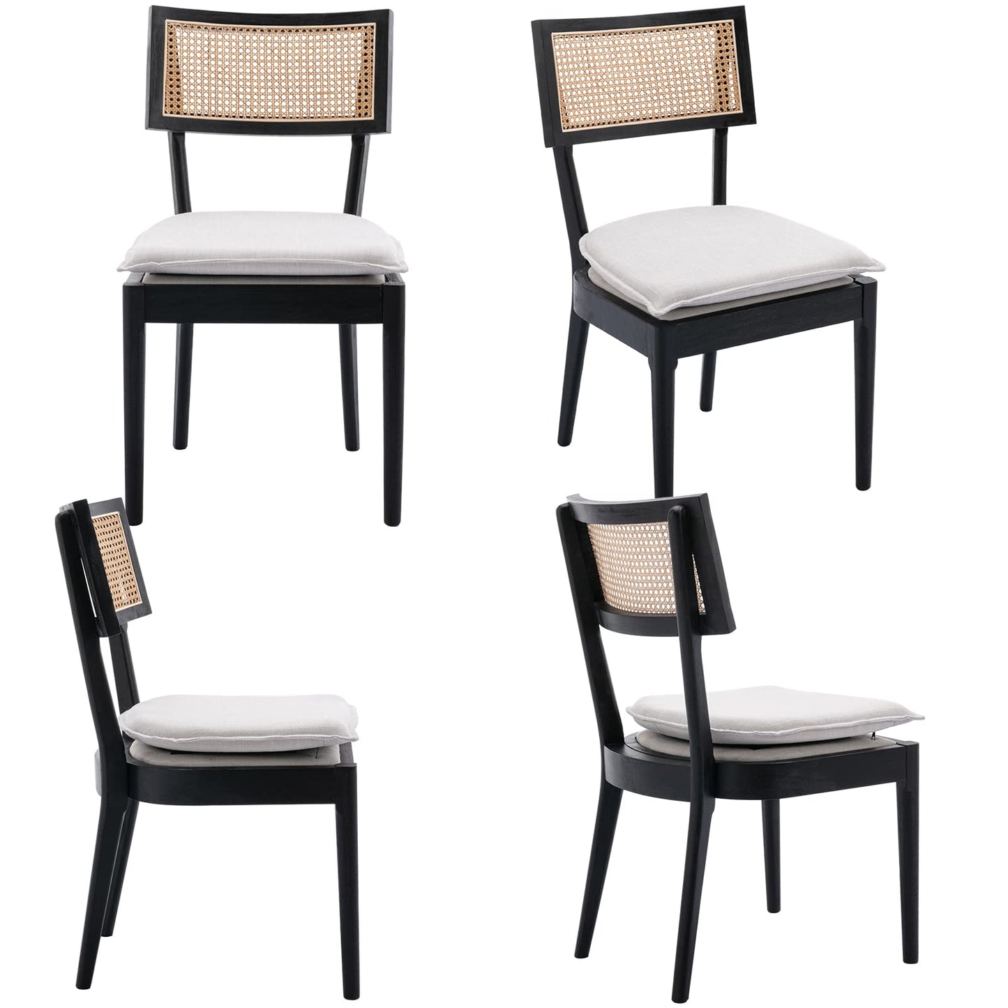 ZH4YOU Black Rattan Dining Chairs Set of 2, Farmhouse Cane Back Kitchen Chairs with Removable Linen Upholstery Side Chairs with Wood Legs for Dining Room/Restaurant