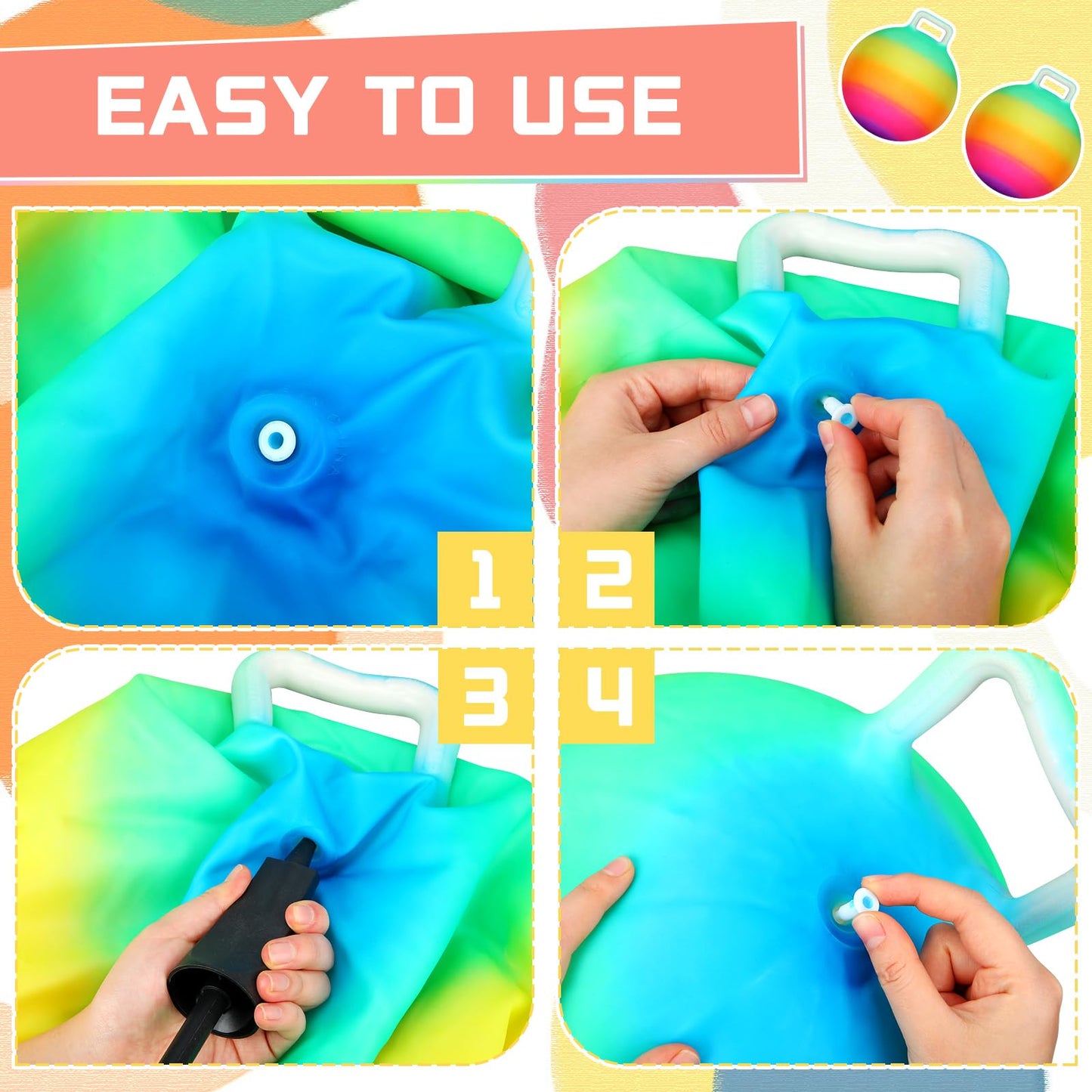 Poen 2 Pcs Bouncing Ball with Handle, Hopper Jumping Hopping Ball with Air Pump for Games(18 Inch,Rainbow)