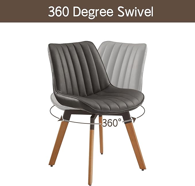 Art Leon Dining Chairs Set of 4, Mid Century Modern Swivel Kitchen Dining Room Chairs, Upholstered Faux Leather Armless Side Chairs with Wood Legs for Living Room Bedroom, Dark Gray