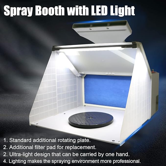 Hotorda Portable Airbrush Spray Booth with 3 LED Lights, Extra Replaceable Extra Filter Pad, Turn Table and 6ft Exhaust Extension Hose for Hobby, Painting, Art Craft, Model