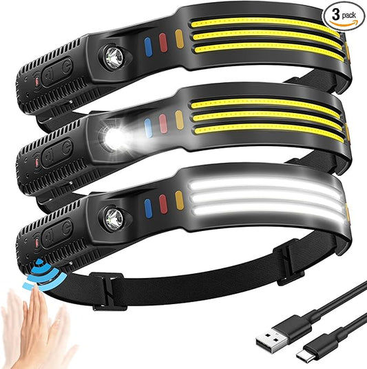 (3-Pack) Headlamp Rechargeable, 230° COB Wide Beam Head Lamp Headband with Motion Sensor, 5 Modes Headlight Led Head Band,...