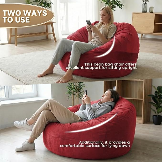 YuppieLife Large Foam Filled Bean Bag Chairs for Kids Teenagers Adults Living Room Gaming Relaxing 4F Machine Washable Lazy Sofa（Red
