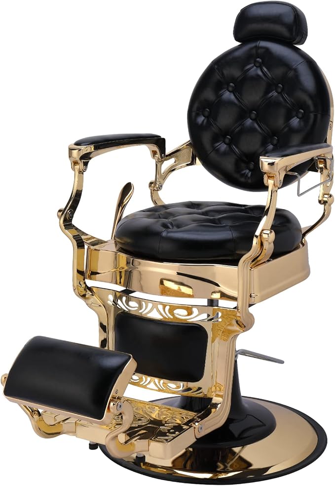 OmySalon Vintage Barber Chair All Purpose Heavy Duty, Hydraulic Recline Salon Beauty Styling Chair Retro, 360 Degree Swivel for Hair Stylist Tattoo, Round Base, Tufted Button