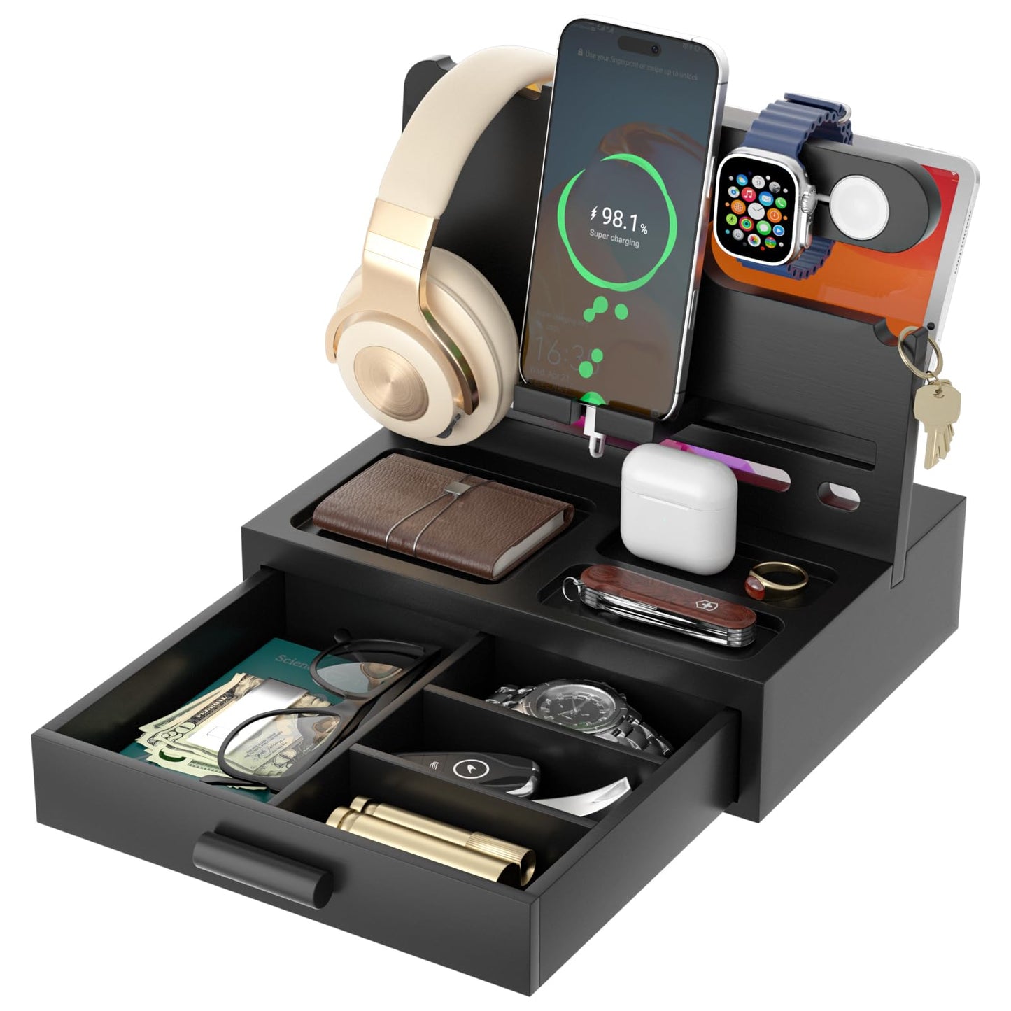 Vdamu Phone Docking Station for Men - Desk or Nightstand Organizer with Drawer - Birthday Gifts for Husband, Dad, Boyfriend,Him - Wooden Charging Station for Phone Watch Key Holder Wallet (Black)