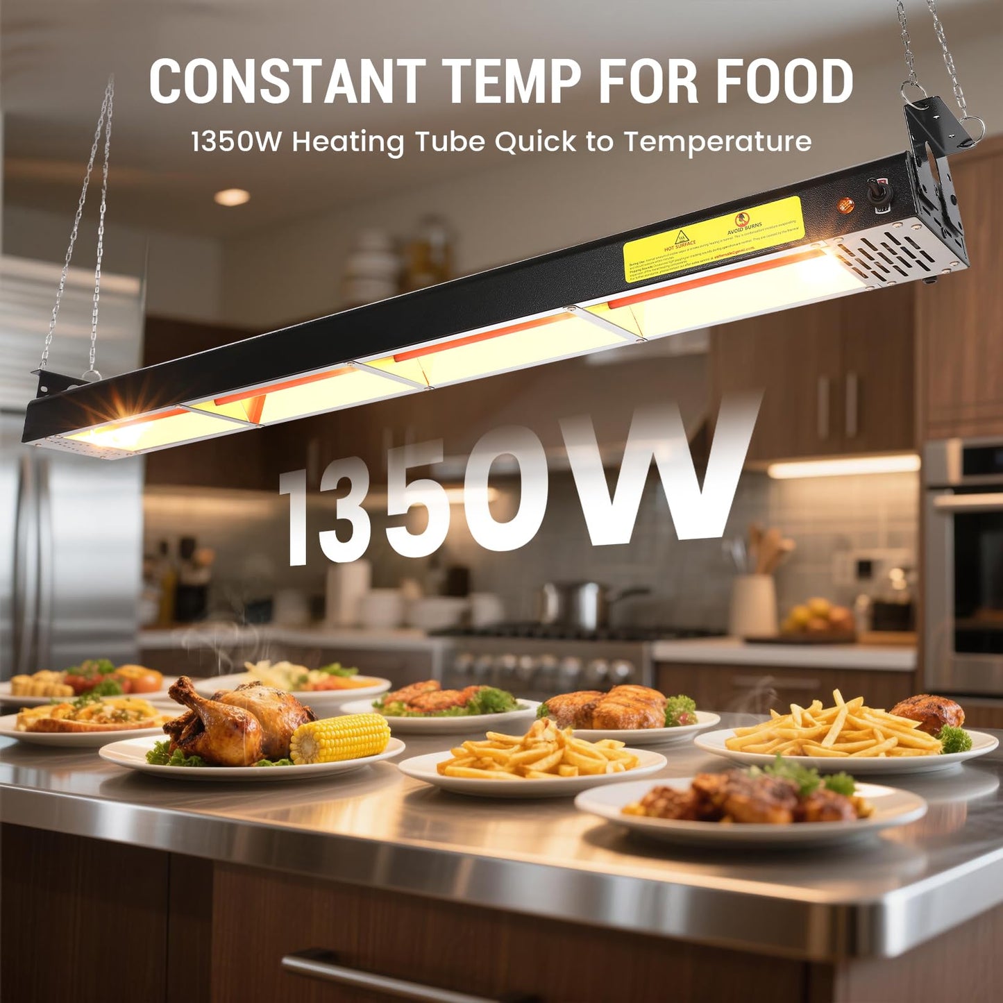 Hiteemer 48-Inch Food Heat Lamp - 1350W Commercial Food Warmer Lamp Overhead Stainless Steel Catering Heat Lamps Electric Strip Heater for Restaurant Buffet Parties Kitchen, Black 115V