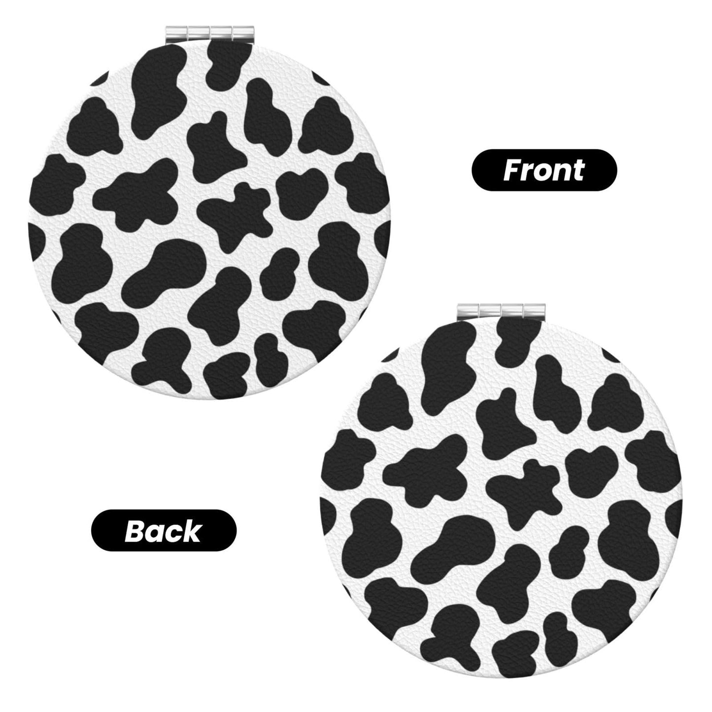 keluki Animal Cow White Black Spot Print Foldable Travel Pocket Mirror Round PU Leather Portable Mini Makeup Double Sided Handhe