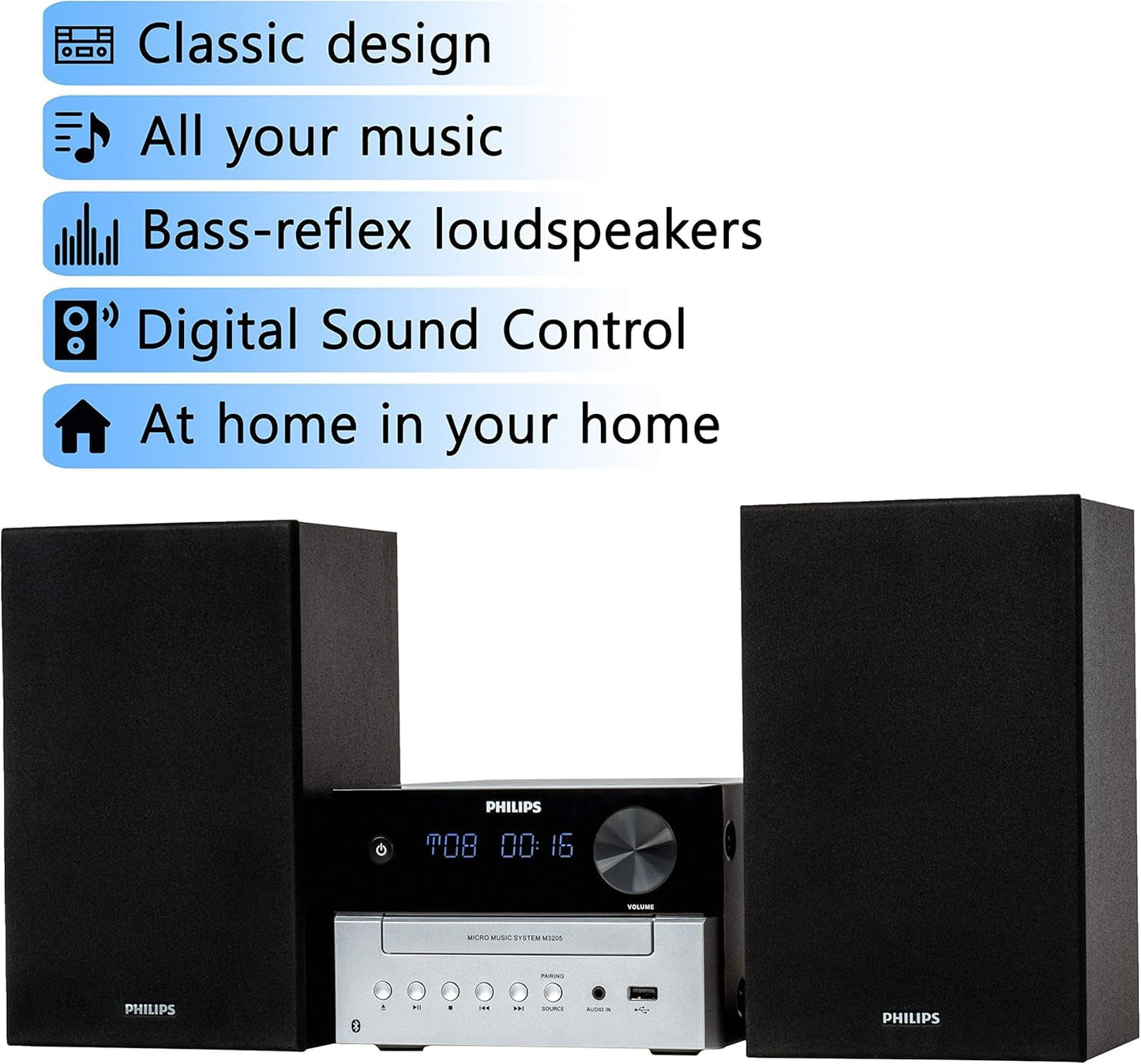 Bluetooth Stereo System for Home with CD Player for Home, Wireless Streaming, MP3, USB, Audio In, FM Radio, 15W, Micro Music Sound System