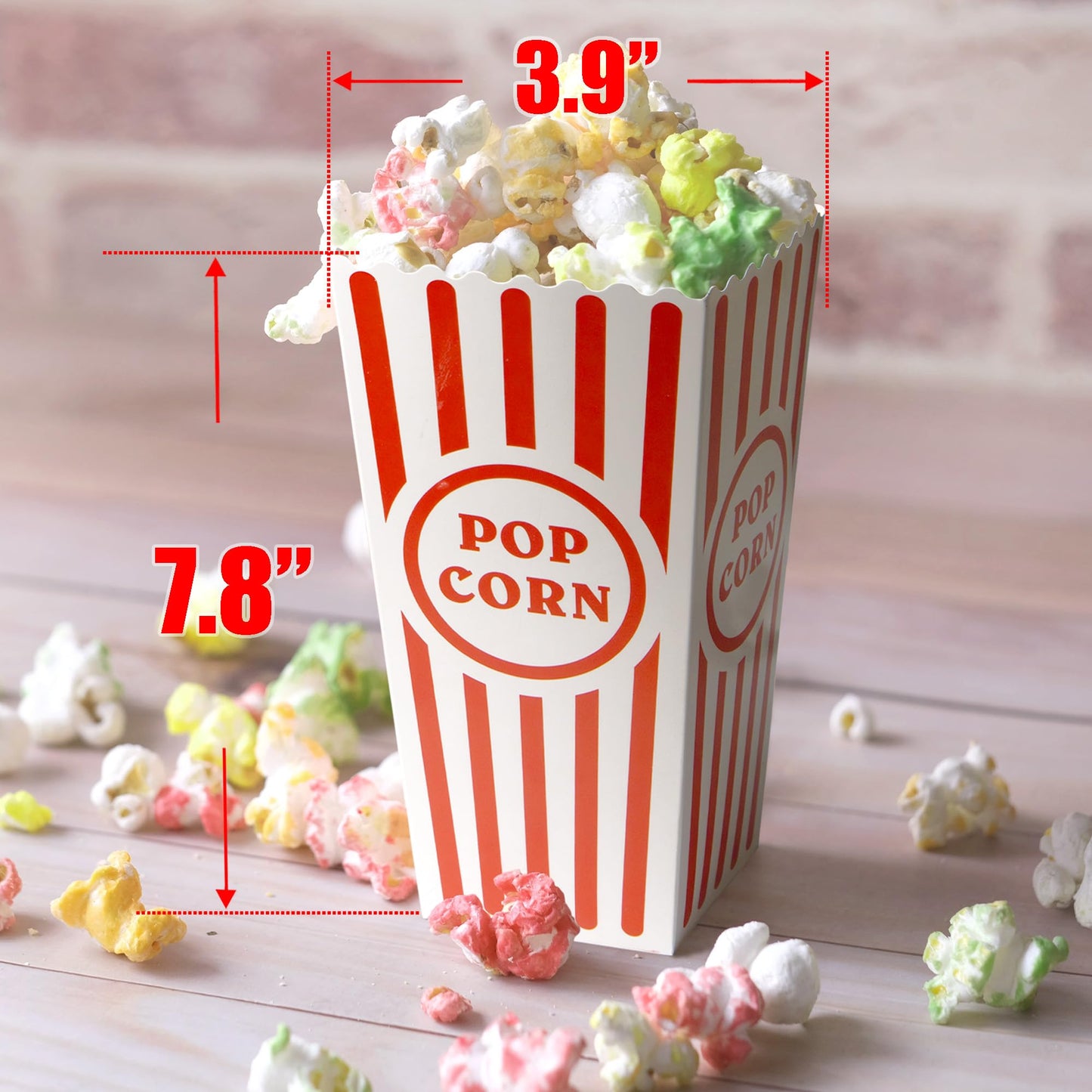 Novelty Place 12 Pcs Classic Popcorn Boxes, 46 oz Red & White Striped Cardboard Popcorn Container for Movie Night Party - 7.8" Tall x 3.9" Square