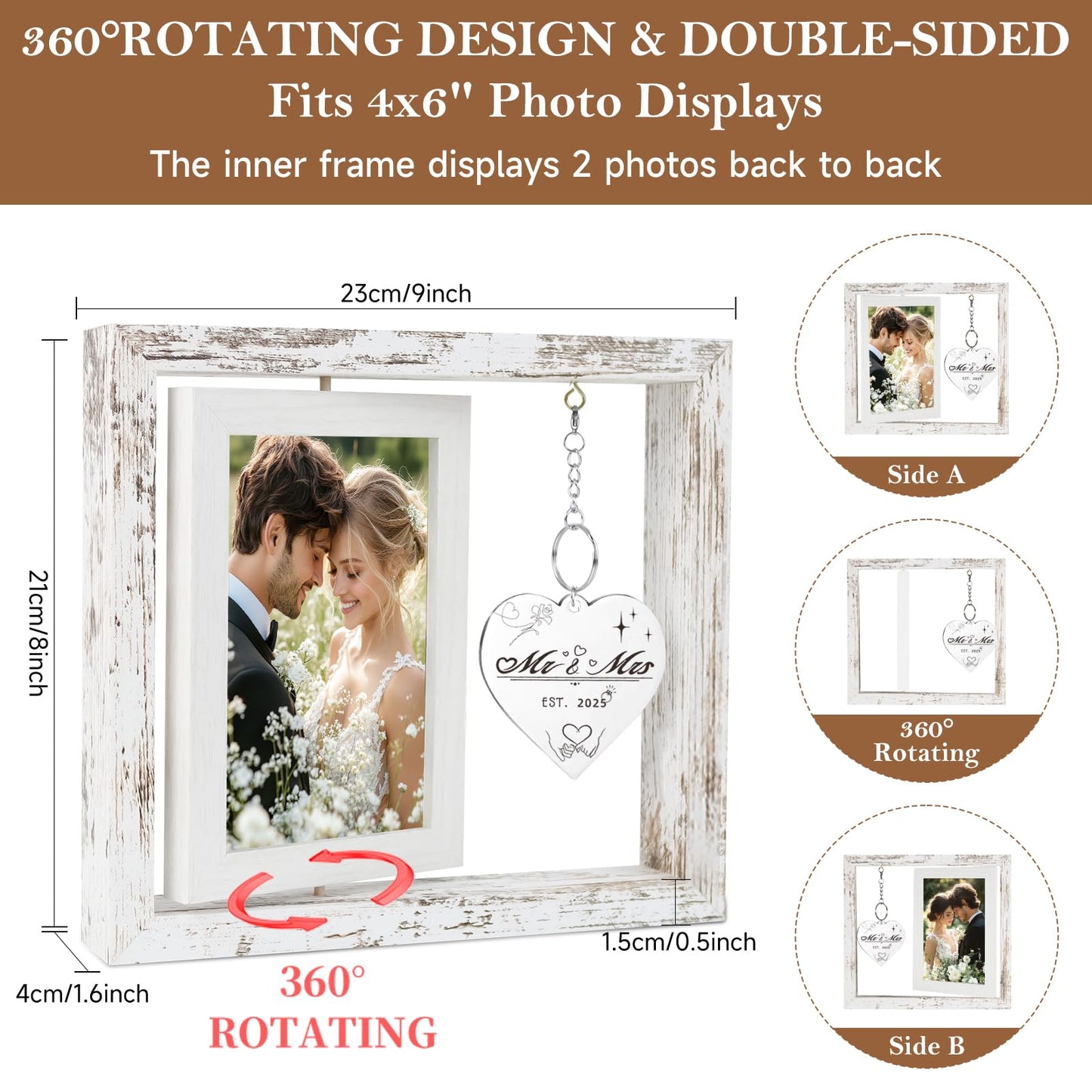 PIKPEOD Rotating Wedding Picture Frame 4x6 - Bridal Shower & Engagement Gifts for Couples & Newlyweds - Mr & Mrs Personalized Gifts