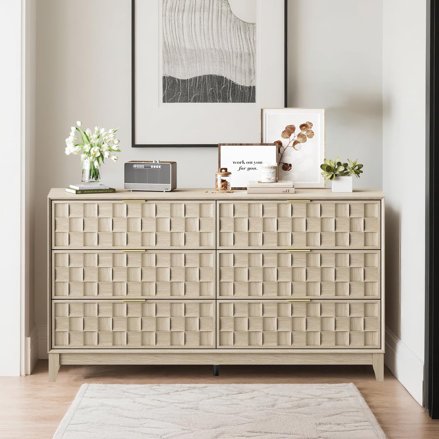 COLAMY Fluted Storage Cabinet with 6 Drawers, Buffet Sideboard Cabinet, Modern Wood Side Board, Living Room Cabinet with Metal Handles for Dining Room, Bedroom, Entryway, Hallway, Oak