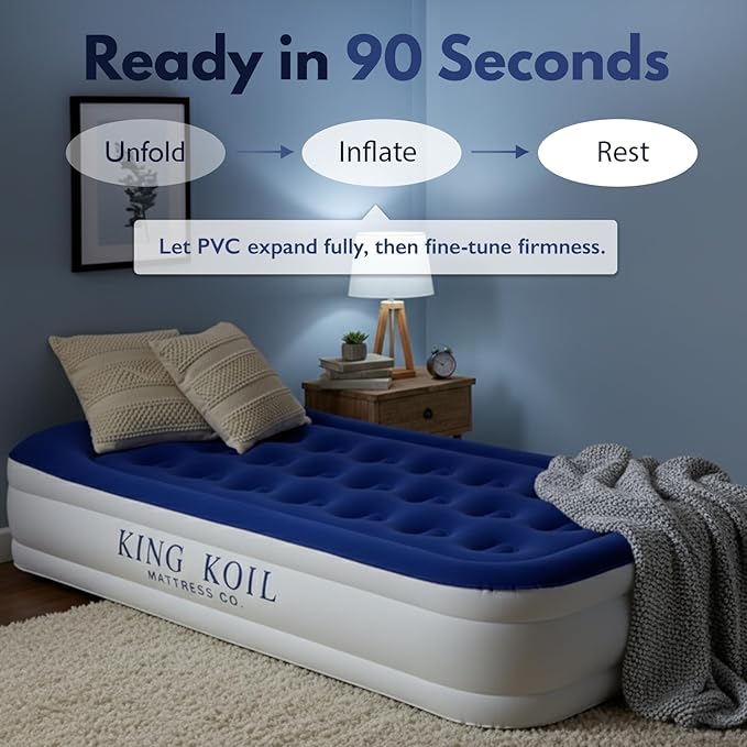 King Koil Luxury Twin Air Mattress with Built-in High Speed Pump for Camping, Home & Guests - Twin Size Double High Airbed Luxury Inflatable Blow Up Mattress Waterproof (1-Year Manufacturer Warranty)