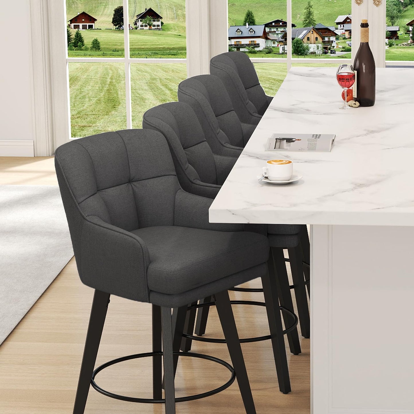 SAECKBERG 360°Swivel Counter Height Bar Stools with Back, 26 inch Solid Wood Legs, Bar Stool Modern Kitchen Island Chairs, Fabric (Black Grey- Fabric, 26" H- Set of 2)