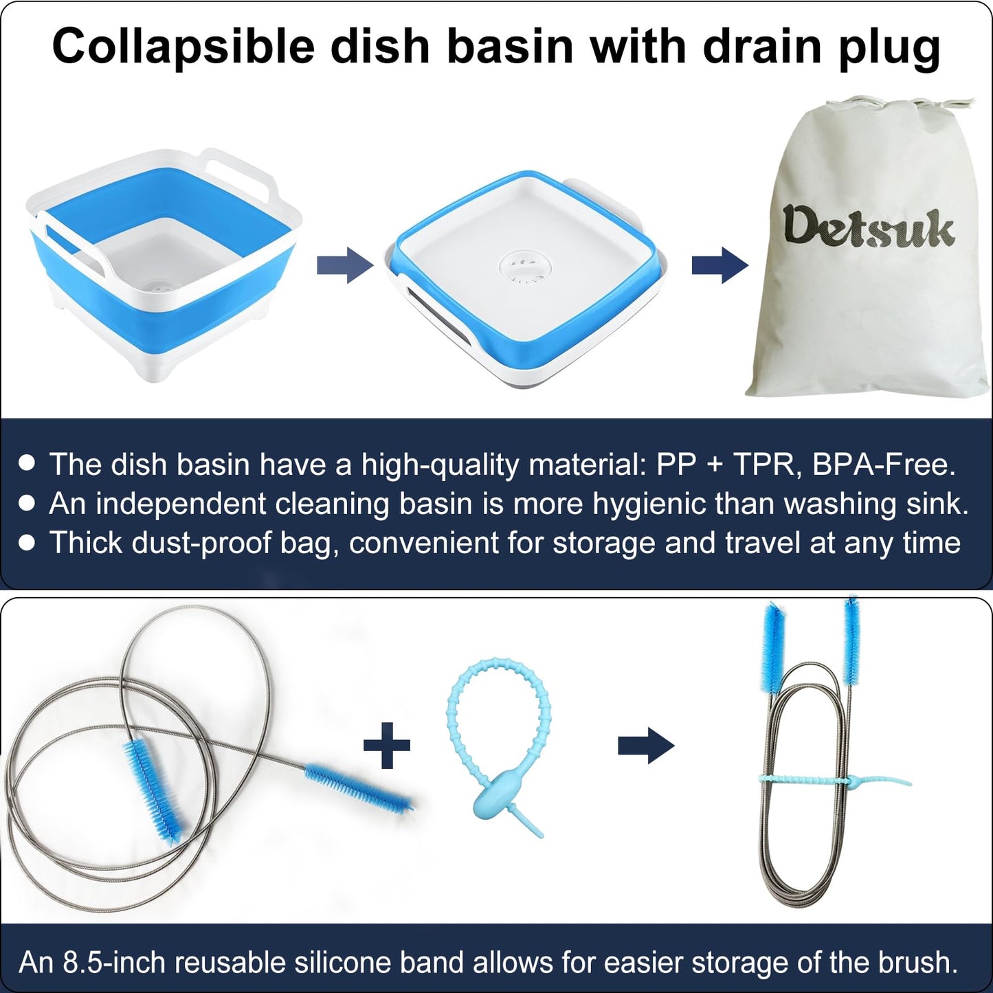 CPAP Hose Cleaning Brush Kit with Collapsible Basin – Dual-Ended 7ft Tube Brush & Small Cleaner, Anti-Slip Wash Tub with Drain Plug & Handles, Fits 15mm & 22mm Tube Cleaning