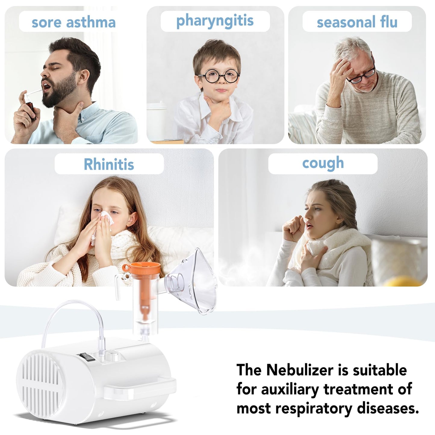 Portable Nebulizer Machine for Adults and Kids, Professional Handheld Inhaler Mist Breathing Compressor System Kit with Adjustable Cup, Adult and Kid Mask, Mouthpiece, Tubing for Home and Travel Use