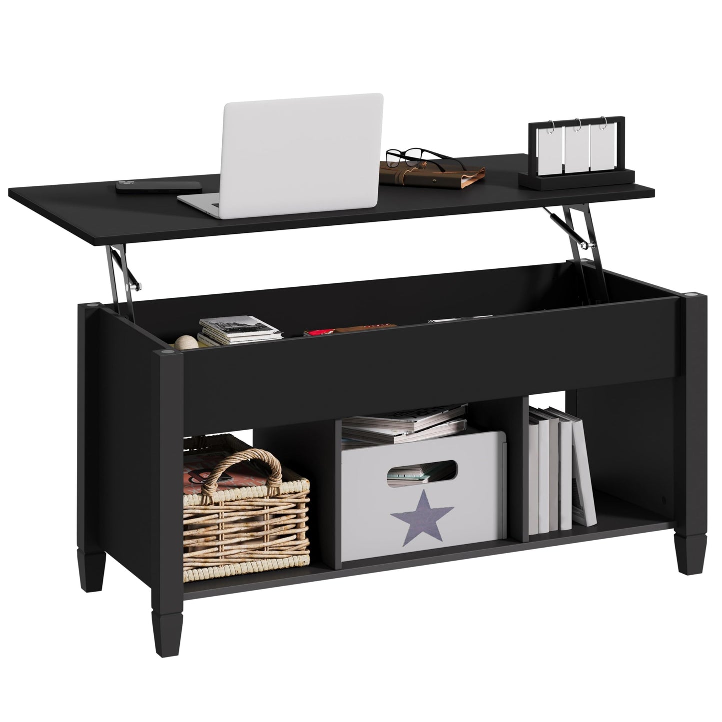 Yaheetech Coffee Table, Lift Top Coffee Table w/Hidden Storage Compartment & Lower 3 Cube Open Shelves, Lift Tabletop Center Tables for Living Room/Reception Room/Office, Black