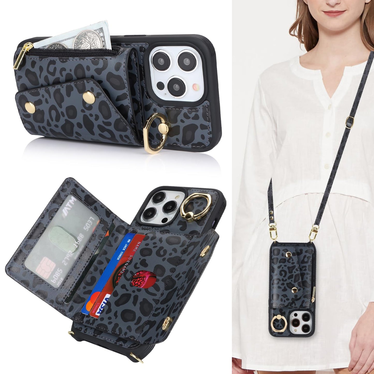 Lipvina For Iphone 13 Pro Case With Card Holder And Strap - Zipper Pocket,Crossbody Lanyard Strap,Credit Card Holder,Stand Ring,