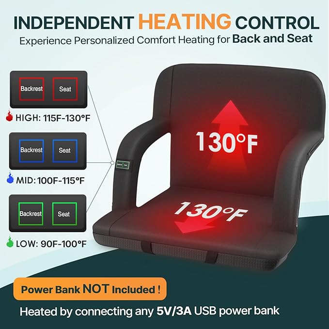 HOPERAN 21" 2pcs Dual-Sided Heated Stadium Seats for Bleachers with Back Support, 3 Levels Heating Stadium Seating for Bleachers Seat with Backrest, 5 Pockets Portable Stadium Chair for Outdoor