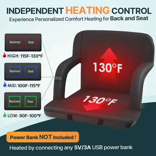 HOPERAN 25" Dual-Sided Heated Stadium Seats for Bleachers with Back Support, 3 Levels Heating Stadium Seating for Bleachers Seat with Backrest, 5 Pockets Portable Stadium Chair for Outdoor Sports