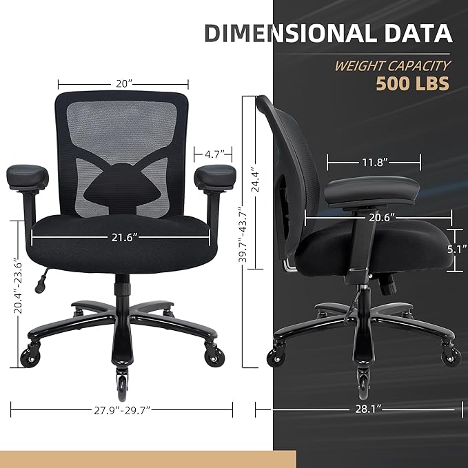 Big and Tall Office Chair 500lbs - Ergonomic Mesh Desk Chair, Heavy Duty Computer Chair-Wide Thick Seat Cushion, Adjustable Lumbar Support, Metal Base, Rubber Wheels, 4D Armrests, Black
