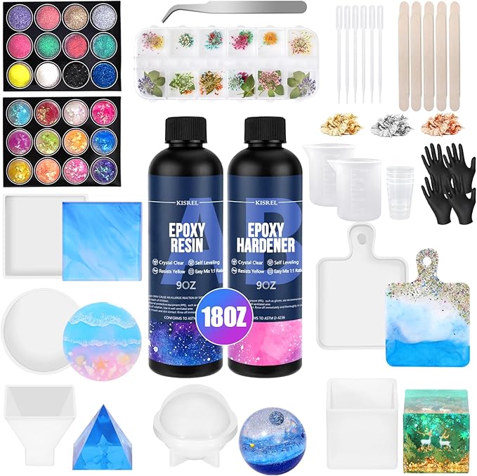 KISREL Epoxy Resin Kit for Beginners, Resin Kit with Molds, 18OZ Epoxy Kit with Dried Flowers, Measuring Cups and Resina S...