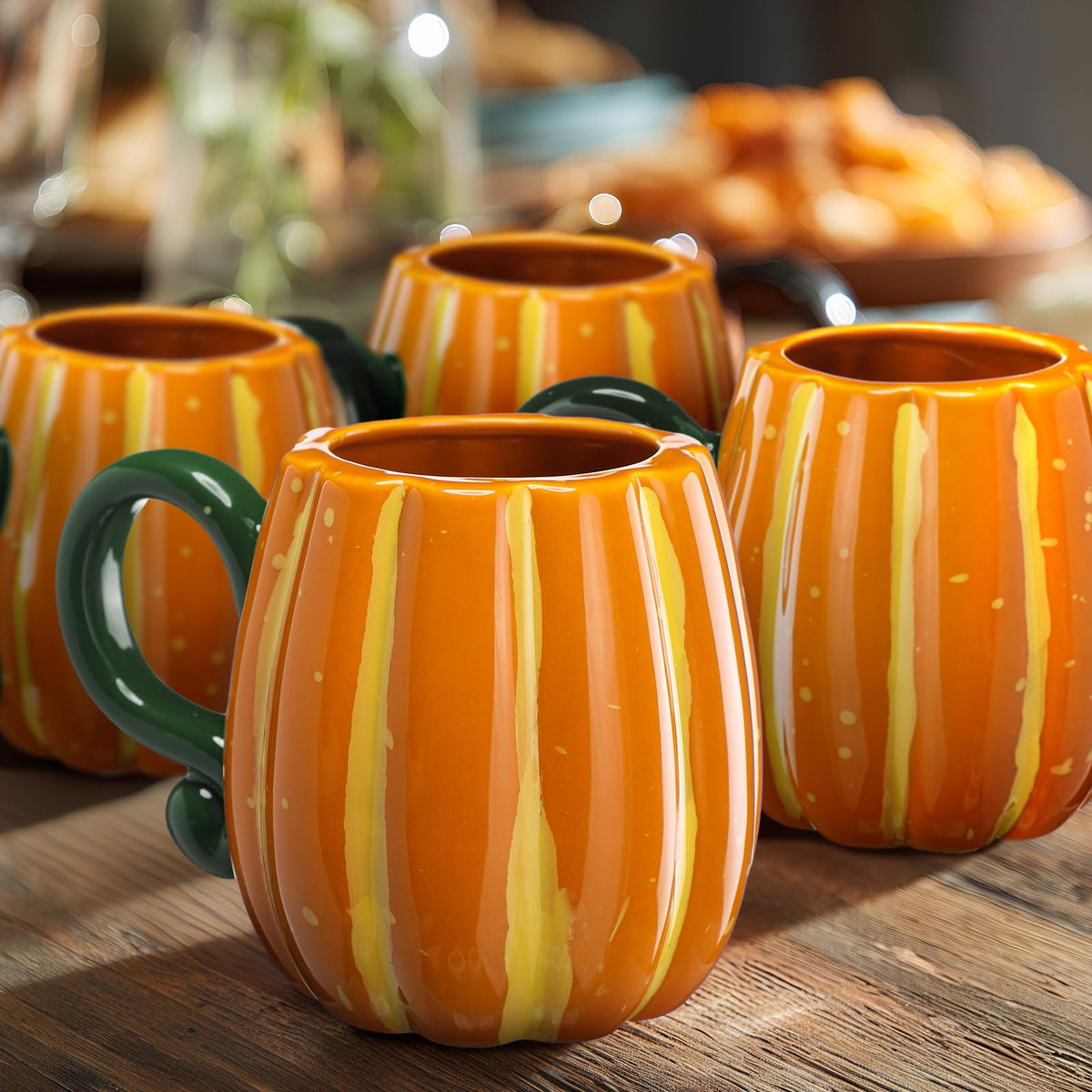 RimCereal 2 Pcs Fall Pumpkin Cup Ceramic Coffee Mugs 16 oz Thanksgiving Funny Tea Mug Autumn Halloween Birthday Gifts Decoration Food Theme for Family or Friend(Orange)