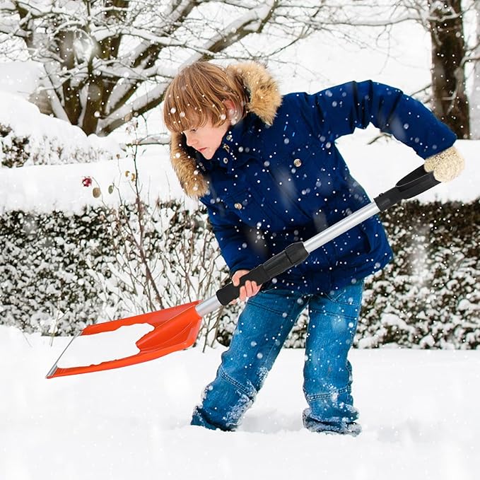 Kids Snow Shovel with D-Grip Handle, Aluminum Blade, Toddler Snow Shovel for Car Trunk, Emergencies, Driveways, and Car Snow Removal. (Age 3+, 2 Packs)