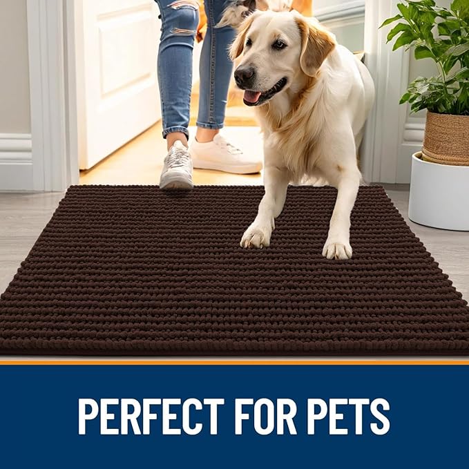 OLANLY Dog Door Mat for Muddy Paws 40x32, Ultra Absorbent Chenille Mud Doormat, Non-Slip Washable and Dirt Trapping Doormat for Indoor Entryway, Quick-Dry Indoor Pet Bed Mats for Dogs, Brown