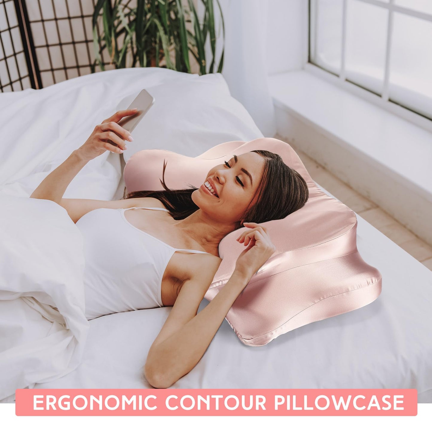 Hahafelt Cervical Neck Pillowcase (Only Pillowcase) Satin Pillow Cover with Zipper Ergonomic Contour Pillow Cover for Side Back Stomach Sleepers(Coral,Queen Size)