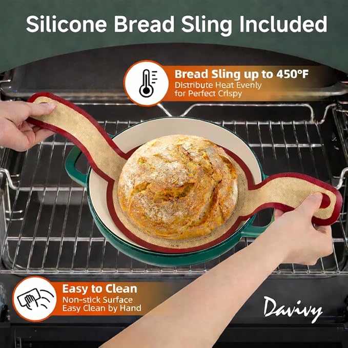 Davivy 5.5QT Enameled Cast Iron Dutch Oven with Lid, Dutch Oven for Sourdough Bread, 10" Round Sourdough Bread Oven, Bread Cloche for Bread Baking, with Silicone Bread Sling - Gradient Teal