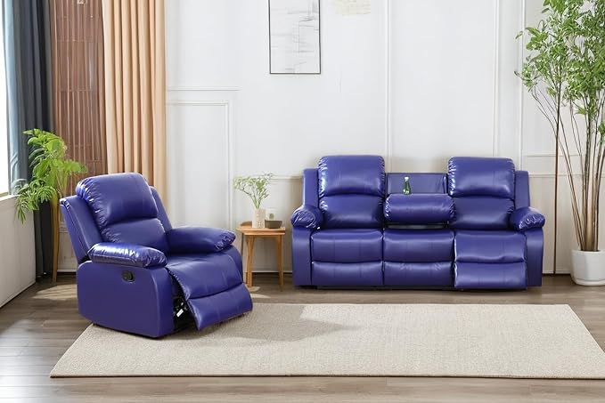 A Ainehome Living Room Furniture Set Leather Recliner Sofa Set Loveseat Chair Furniture Sofa Set for Living Room/Small Space/Rv/House/Office/Theater Seating (A-Blue Leather, Sofa+Chairs)